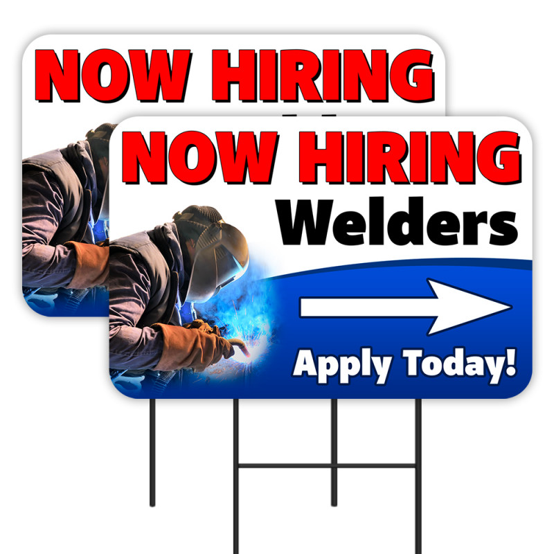 Now Hiring Welders 2 Pack Double-Sided Yard Signs 16" x 24" with Metal Stakes (Made in Texas)