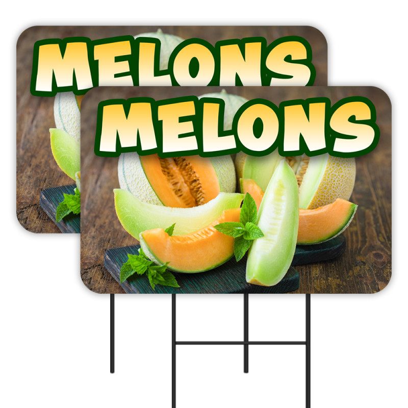 Melons 2 Pack Double-Sided Yard Signs 16" x 24" with Metal Stakes (Made in Texas)