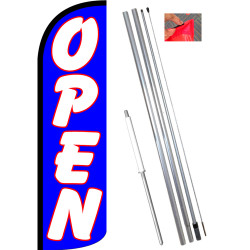 Open (Blue/White) Windless Feather Flag Bundle (11.5' Tall Flag, 15' Tall Flagpole, Ground Mount Stake) 841098153243