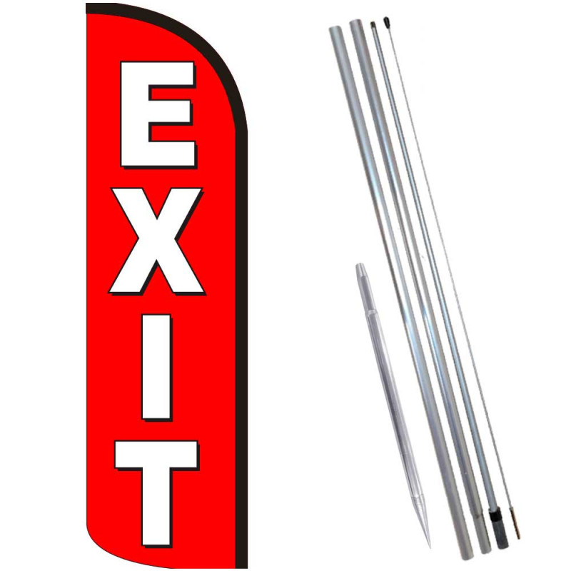 EXIT (Red) Windless Feather Flag Bundle (11.5' Tall Flag, 15' Tall Flagpole, Ground Mount Stake)