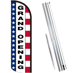 Grand Opening (Stars & Stripes) Premium Windless Feather Flag Bundle (11.5' Tall Flag, 15' Tall Flagpole, Ground Mount Stake)