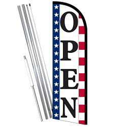 Open (Stars & Stripes) Windless Feather Flag Bundle (11.5' Tall Flag, 15' Tall Flagpole, Ground Mount Stake)