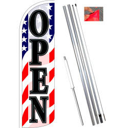 Open (Patriotic Waves) Windless Feather Flag Bundle (11.5' Tall Flag, 15' Tall Flagpole, Ground Mount Stake)