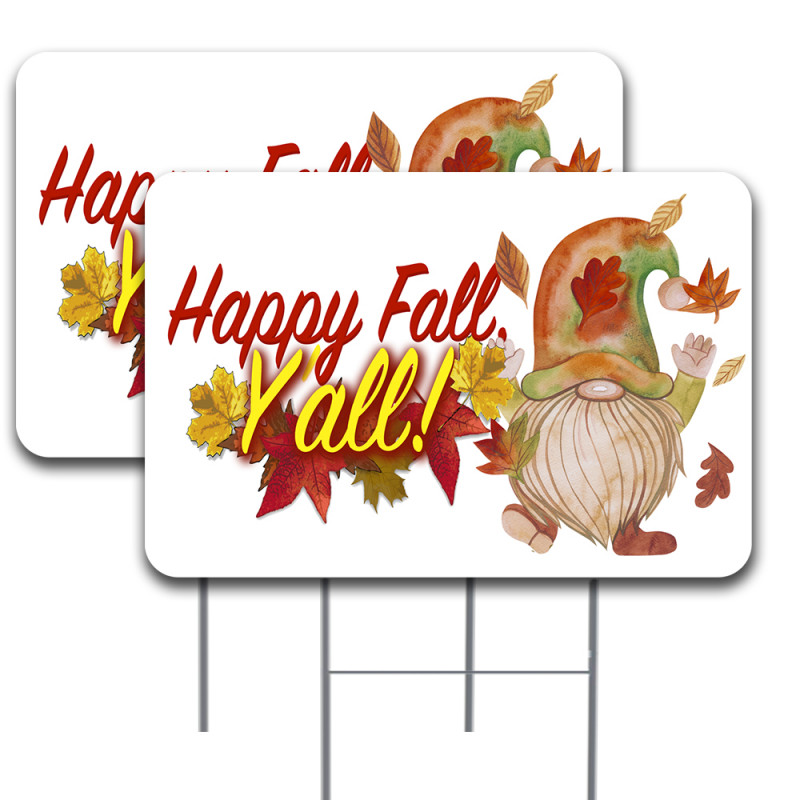 Happy Fall Y'All Gnome 2 Pack Double-Sided Yard Signs 16" x 24" with Metal Stakes (Made in Texas)
