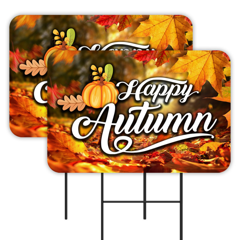 Happy Autumn 2 Pack Double-Sided Yard Signs 16" x 24" with Metal Stakes (Made in Texas)