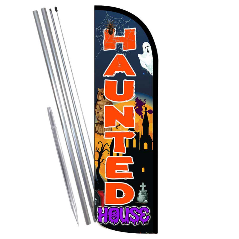 HAUNTED HOUSE Premium Windless Feather Flag Bundle (Complete Kit) OR Optional Replacement Flag Only
