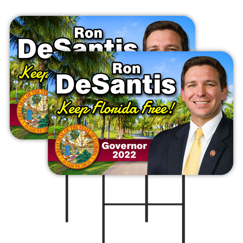 Ron DeSantis for Florida Governor 2 Pack Double-Sided Yard Signs 16" x 24" with Metal Stakes (Made in Texas)