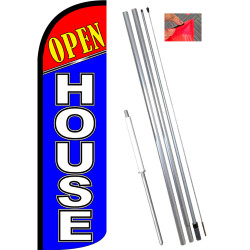 Open House (Red/Blue) Windless Feather Flag Bundle (11.5' Tall Flag, 15' Tall Flagpole, Ground Mount Stake)