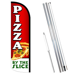 Pizza by The Slice Windless Feather Flag Bundle (11.5' Tall Flag, 15' Tall Flagpole, Ground Mount Stake)