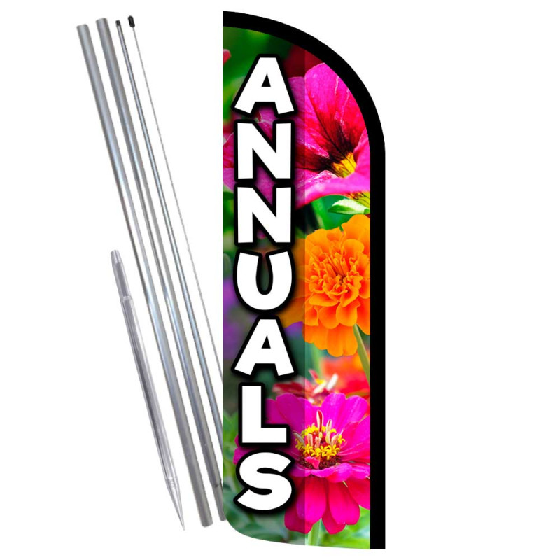 ANNUALS (Flowers) Premium Windless Feather Flag Bundle (Complete Kit) OR Optional Replacement Flag Only