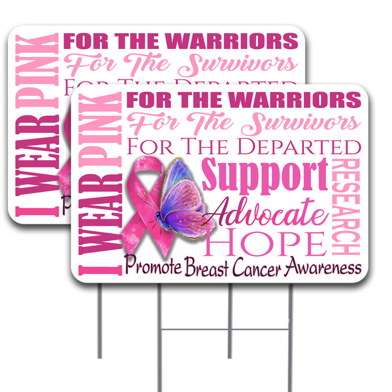 I Wear Pink Breast Cancer Awareness 2 Pack Double-Sided Yard Signs 16" x 24" with Metal Stakes (Made in Texas)