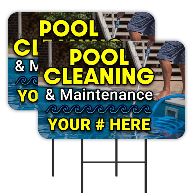 Pool Cleaning - Customizable Phone Number 2 Pack Double-Sided Yard Signs 16" x 24" with Metal Stakes (Made in Texas)