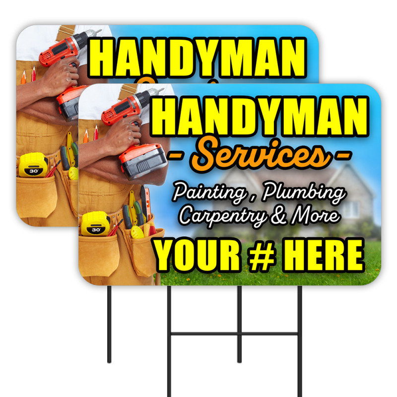 Handyman Services - Customizable Phone Number 2 Pack Double-Sided Yard Signs 16" x 24" with Metal Stakes (Made in Texas)