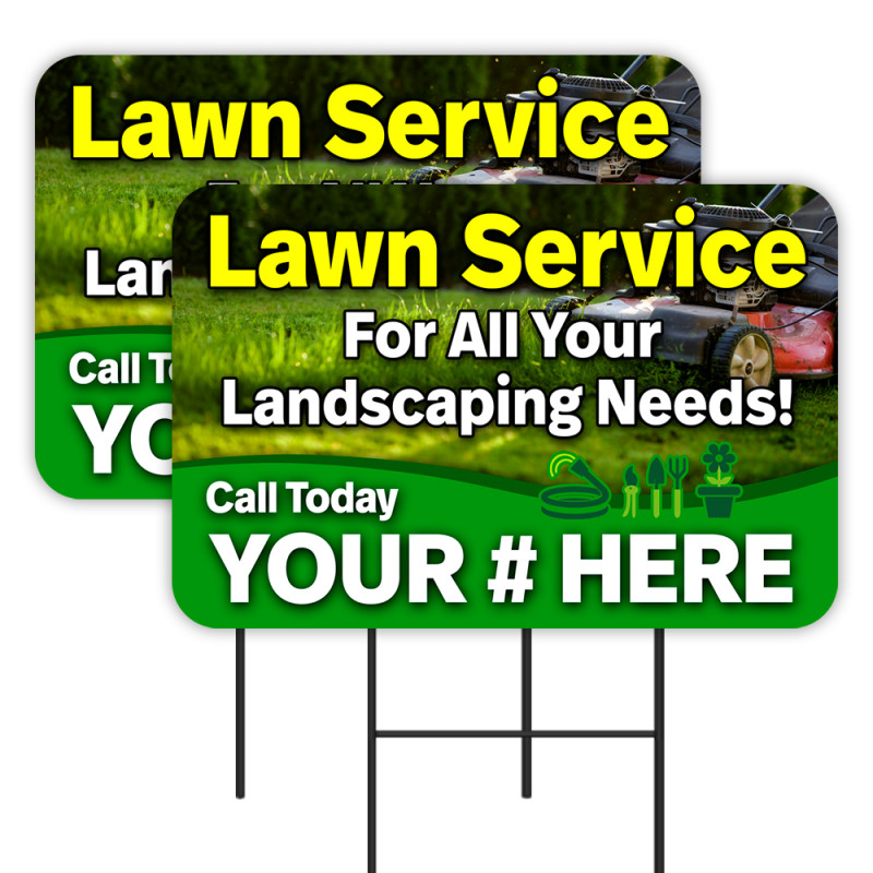 Lawn Service - Landscaping - Customizable Phone Number 2 Pack Double-Sided Yard Signs