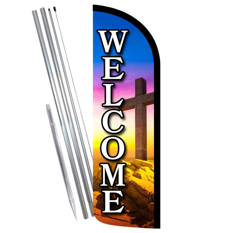 Welcome - Church Cross Premium Windless Feather Flag Bundle (Complete Kit) OR Optional Replacement Flag Only