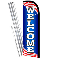Welcome (Patriotic) Premium Windless Feather Flag Bundle (11.5' Tall Flag, 15' Tall Flagpole, Ground Mount Stake) Printed in the