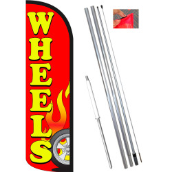Wheels (Red) Windless Feather Flag Bundle (11.5' Tall Flag, 15' Tall Flagpole, Ground Mount Stake) 841098154042