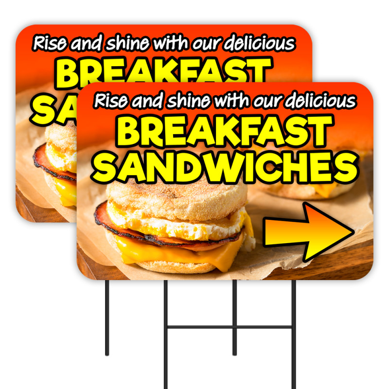 Breakfast Sandwiches 2 Pack Double-Sided Yard Signs 16" x 24" with Metal Stakes (Made in Texas)