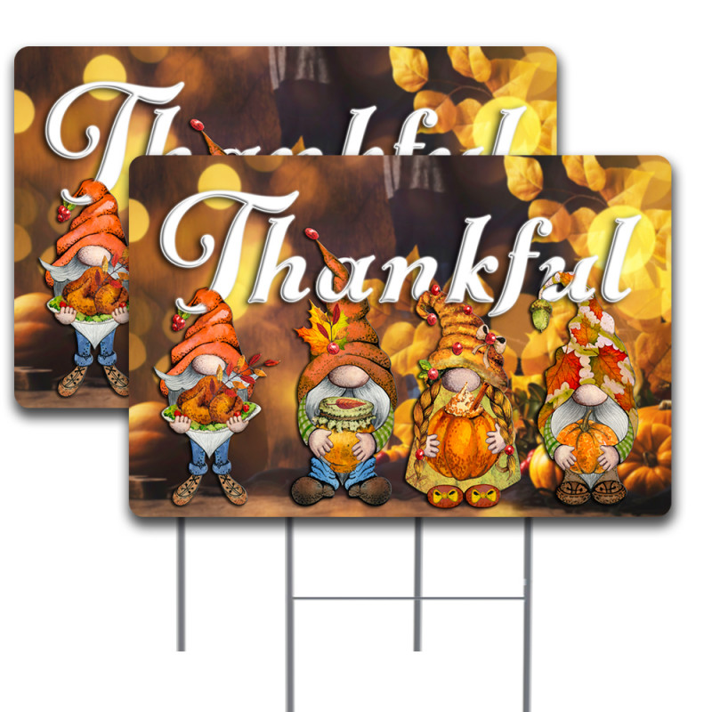 Thankful Thanksgiving Gnomes 2 Pack Double-Sided Yard Signs 16" x 24" with Metal Stakes (Made in Texas)
