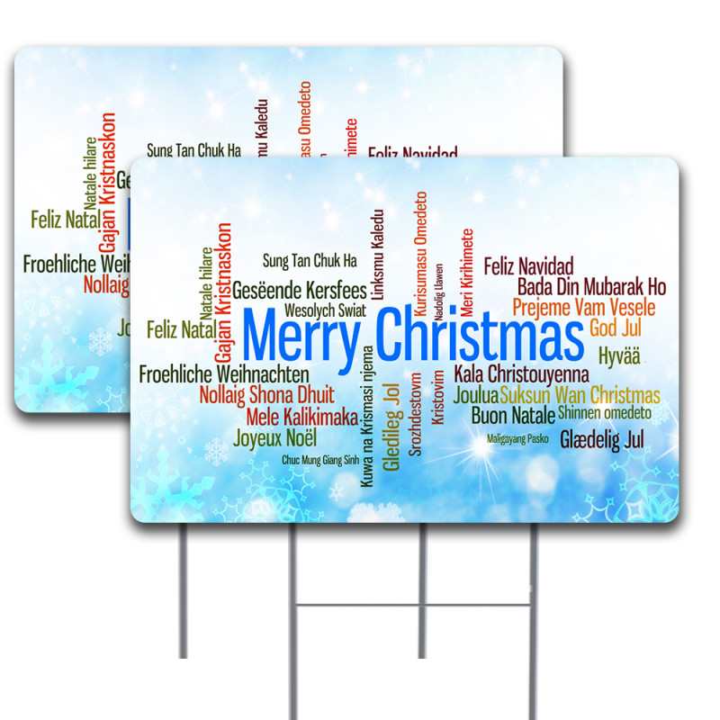 Merry Christmas 32 Languages 2 Pack Double-Sided Yard Signs 16" x 24" with Metal Stakes (Made in Texas)