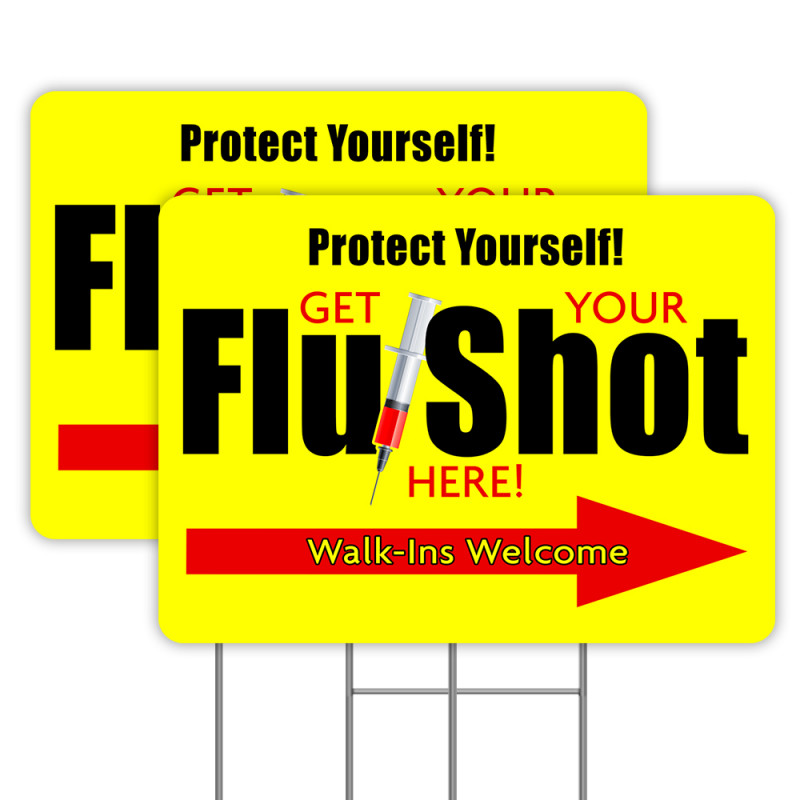 Get Your Flu Shot Here 2 Pack Yard Sign 16" x 24" - Double-Sided Print, with Metal Stakes (Made in The USA) 841098154370