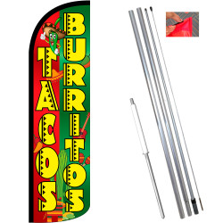 Tacos & Burritos (Red/Green) Windless Feather Flag Bundle (11.5' Tall Flag, 15' Tall Flagpole, Ground Mount Stake)
