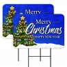 Merry Christmas - Happy New Year 2 Pack Double-Sided Yard Signs 16" x 24" with Metal Stakes (Made in Texas)