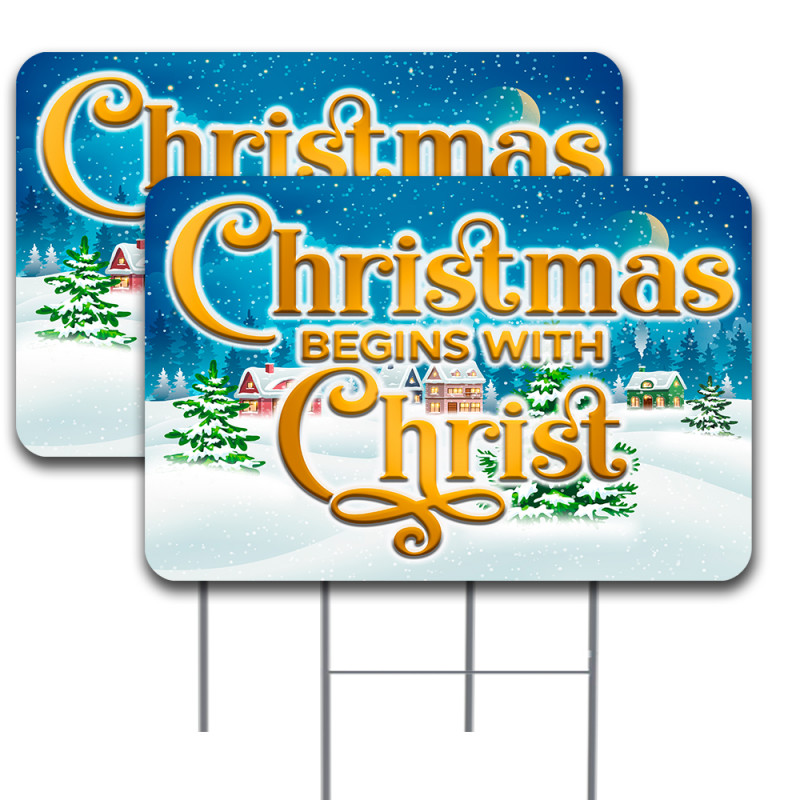 Christmas Begins With Christ 2 Pack Double-Sided Yard Signs 16" x 24" with Metal Stakes (Made in Texas)