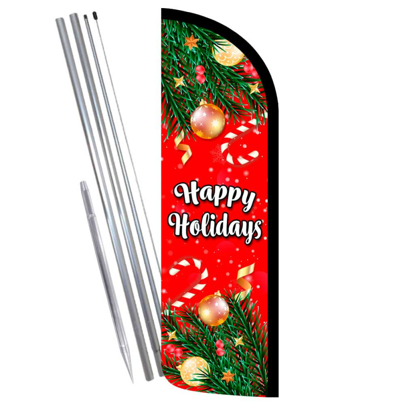 Happy Holidays Premium Windless Feather Flag Bundle (Complete Kit) OR Optional Replacement Flag Only