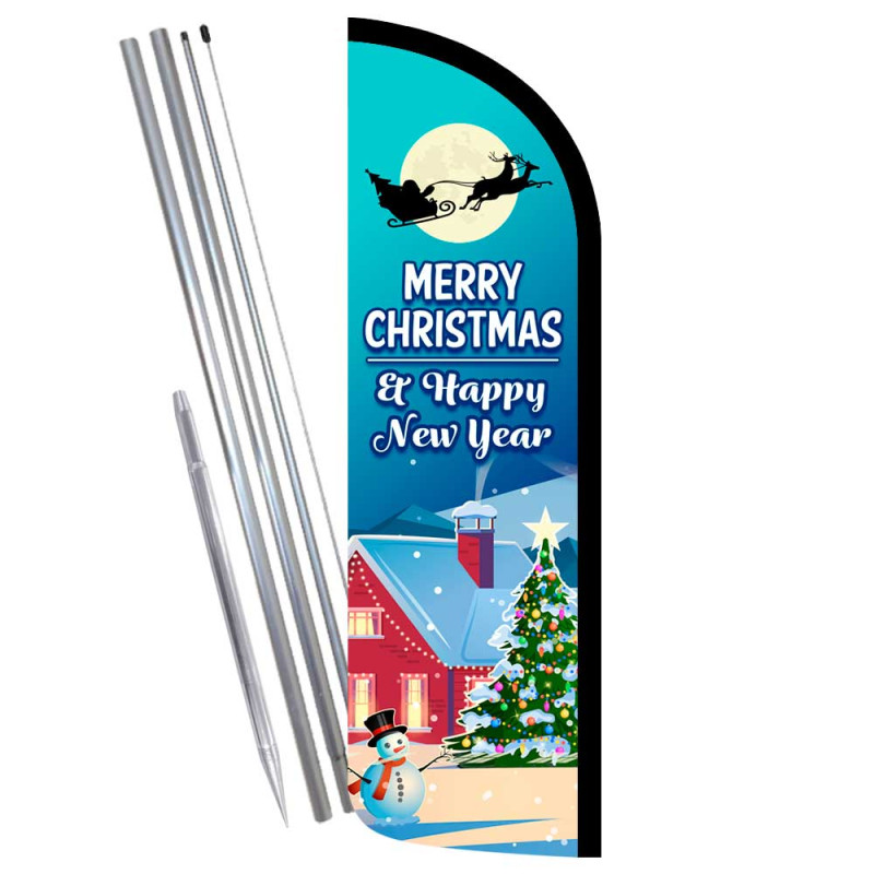 Merry Christmas - Happy New Year Premium Windless Feather Flag Bundle (Complete Kit) OR Optional Replacement Flag Only