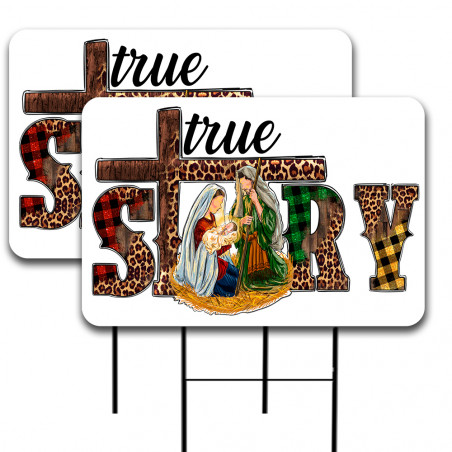 True Story Christmas Nativity 2 Pack Double-Sided Yard Signs 16" x 24" with Metal Stakes (Made in Texas)