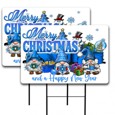 Merry Christmas and a Happy New Year Blue Gnomes  2 Pack Double-Sided Yard Signs 16" x 24" with Metal Stakes (Made in Texas)