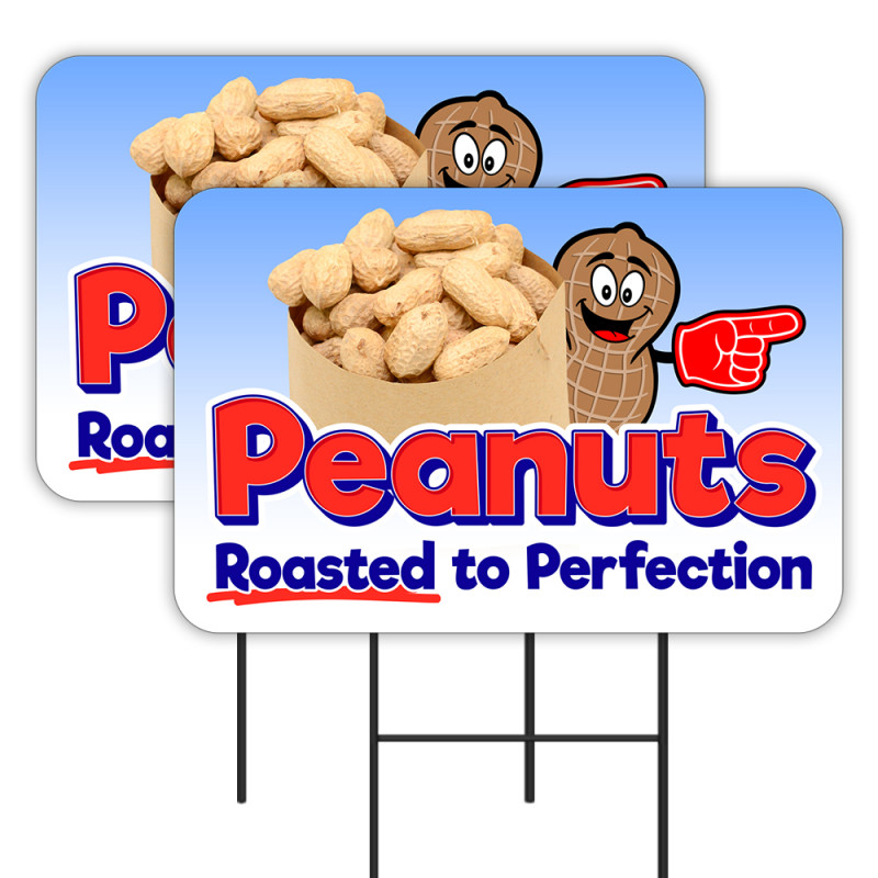 Roasted Peanuts 2 Pack Double-Sided Yard Signs 16" x 24" with Metal Stakes (Made in Texas)