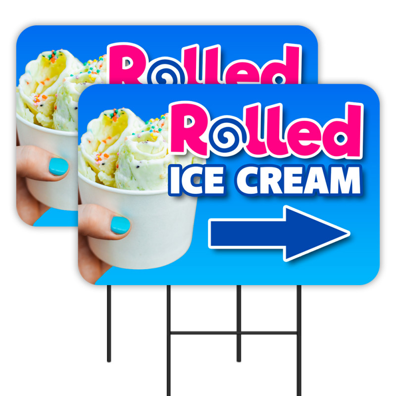 Rolled Ice Cream 2 Pack Double-Sided Yard Signs 16" x 24" with Metal Stakes (Made in Texas)