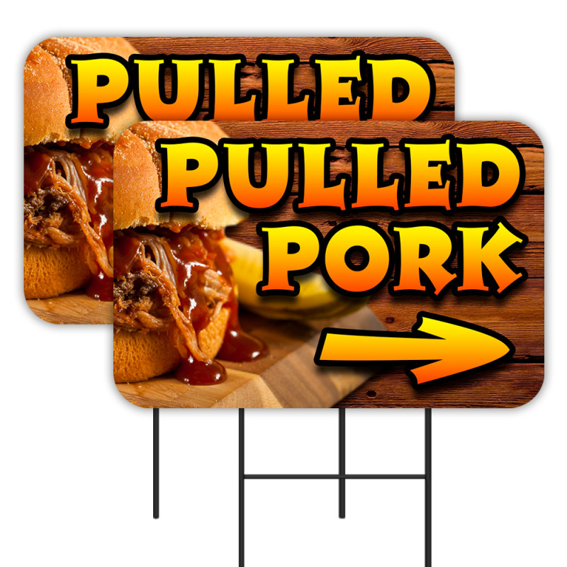 Pulled Pork 2 Pack Double-Sided Yard Signs 16" x 24" with Metal Stakes (Made in Texas)
