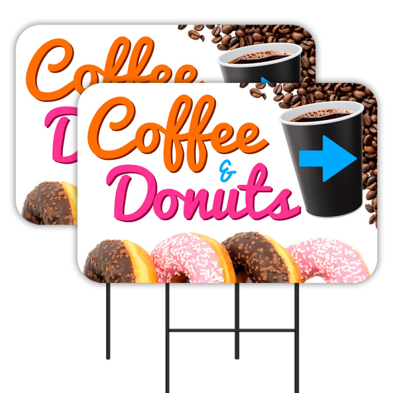 Coffee & Donuts 2 Pack Double-Sided Yard Signs 16" x 24" with Metal Stakes (Made in Texas)