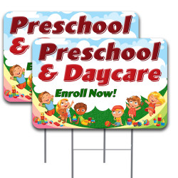Preschool & Daycare Enroll Now! 2 Pack Yard Sign 16" x 24" - Double-Sided Print, with Metal Stakes (Made in The USA) 84109815524