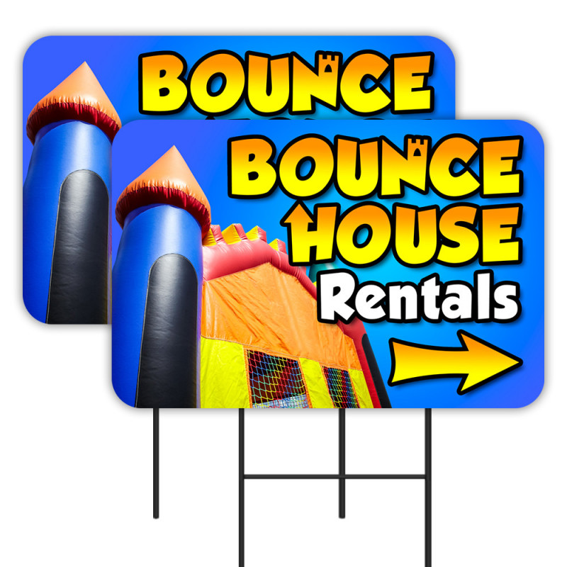 Bounce House Rentals 2 Pack Double-Sided Yard Signs 16" x 24" with Metal Stakes (Made in Texas)