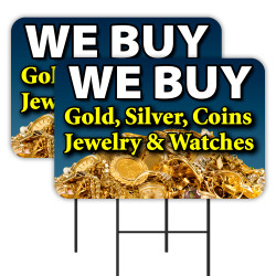 We Buy Gold Silver Jewelry 2 Pack Double-Sided Yard Signs 16" x 24" with Metal Stakes (Made in Texas)