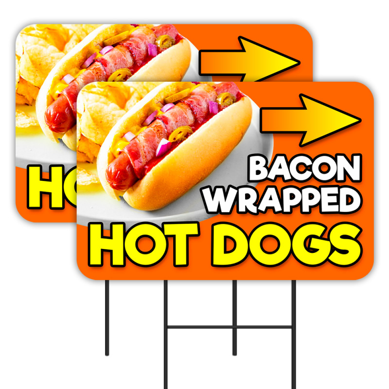 Bacon Wrapped Hot Dogs 2 Pack Double-Sided Yard Signs 16" x 24" with Metal Stakes (Made in Texas)
