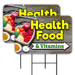 Health Food & Vitamins 2 Pack Double-Sided Yard Signs 16" x 24" with Metal Stakes (Made in Texas)