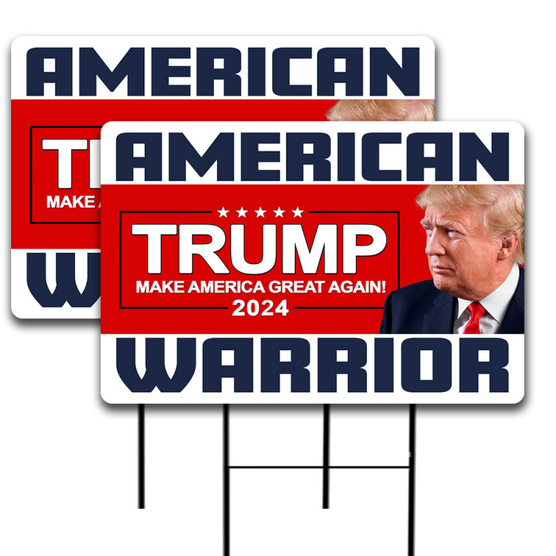 Trump American Warrior MAGA 2024 2 Pack Double-Sided Yard Signs 16" x 24" with Metal Stakes (Made in Texas)