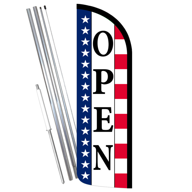 Open (Stars  Stripes) Flutter Feather Flag Bundle (11.5' Tall Flag, 15'  Tall Flagpole, Ground Mount Stake)