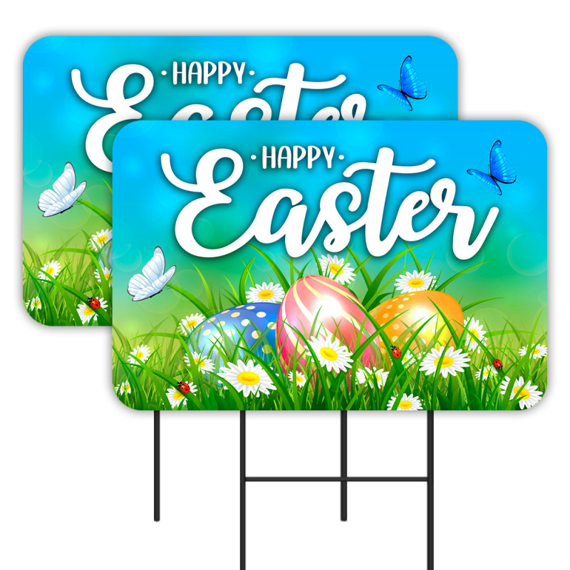 Happy Easter 2 Pack Double-Sided Yard Signs 16" x 24" with Metal Stakes (Made in Texas)