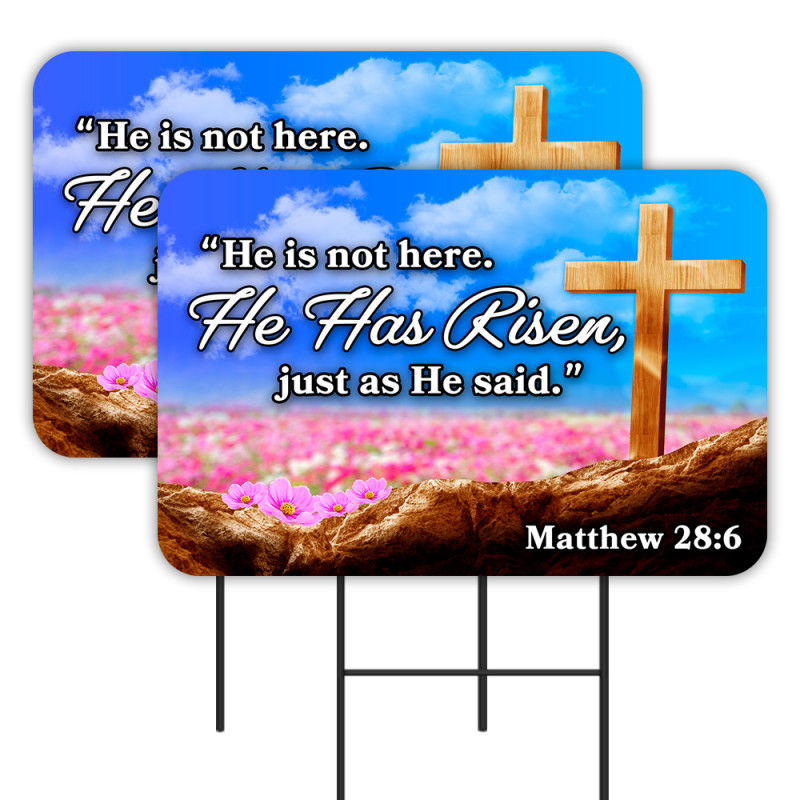 He Has Risen - Easter 2 Pack Double-Sided Yard Signs 16" x 24" with Metal Stakes (Made in Texas)