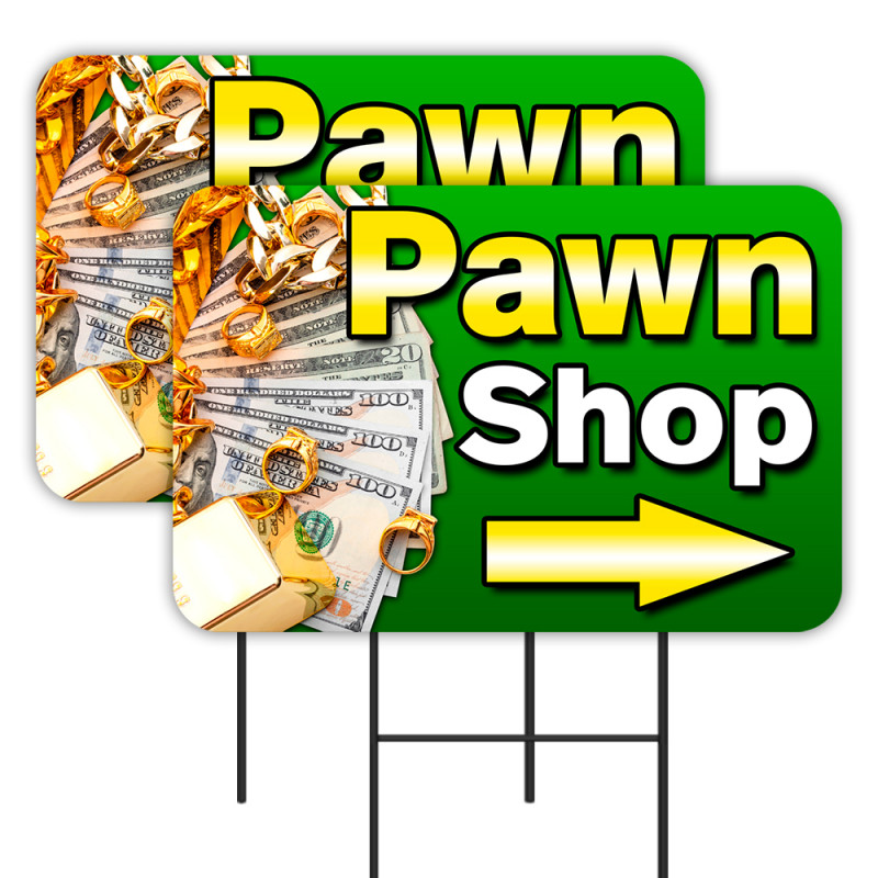 Pawn Shop 2 Pack Double-Sided Yard Signs 16" x 24" with Metal Stakes (Made in Texas)