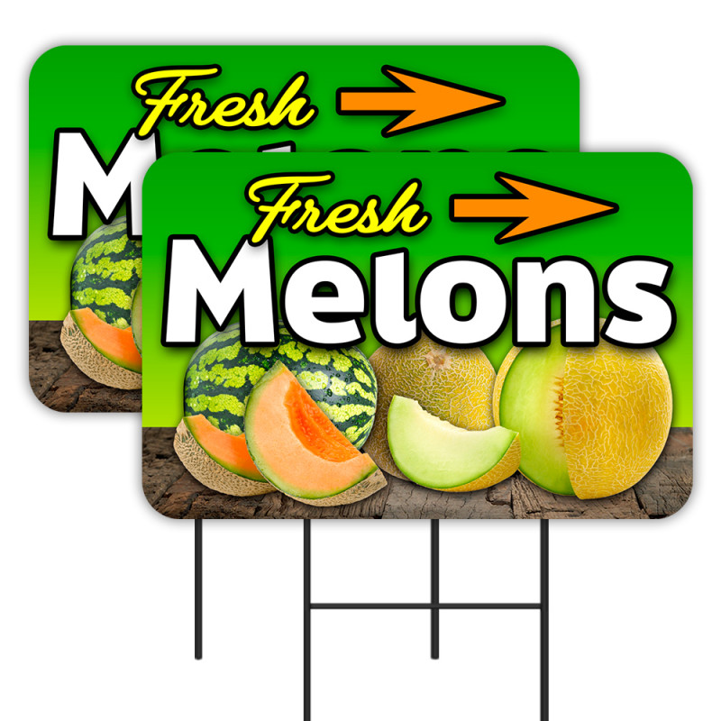Fresh Melons 2 Pack Double-Sided Yard Signs 16" x 24" with Metal Stakes (Made in Texas)