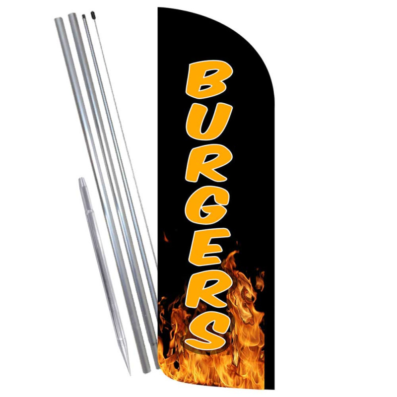 Burgers (Flames) Premium Windless Feather Flag Bundle (11.5' Tall Flag, 15'  Tall Flagpole, Ground Mount Stake)