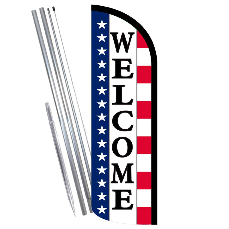WELCOME (Stars & Stripes) Premium Windless Feather Flag Bundle (Complete Kit) OR Optional Replacement Flag Only
