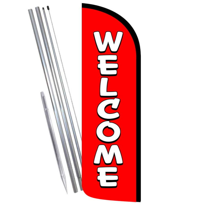 WELCOME (Red/White) Windless Feather Flag Bundle (Complete Kit) OR Optional Replacement Flag Only